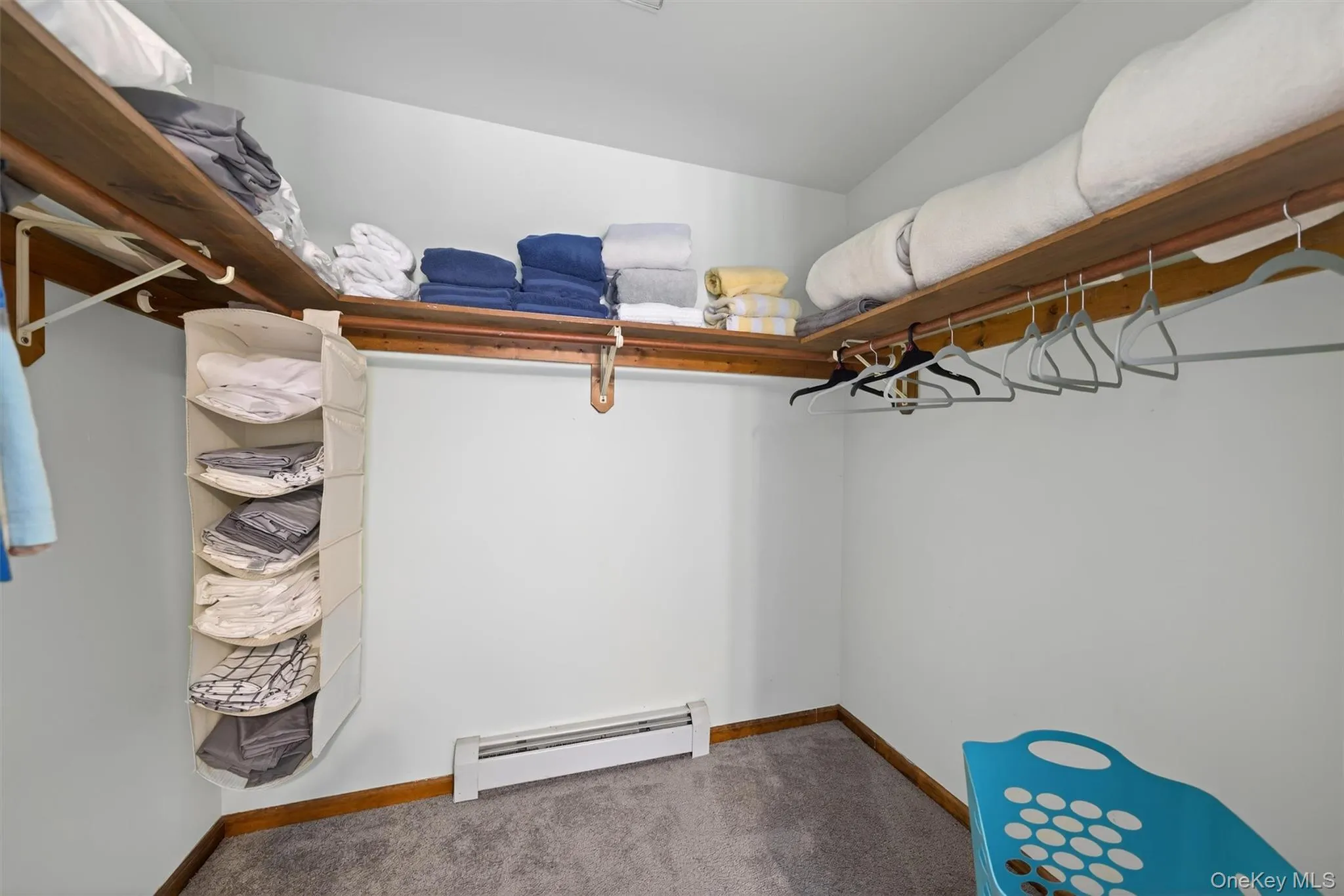 Walk in closet featuring baseboard heating, carpet, and vaulted ceiling Walk in closet featuring baseboard heating, carpet, and vaulted ceiling