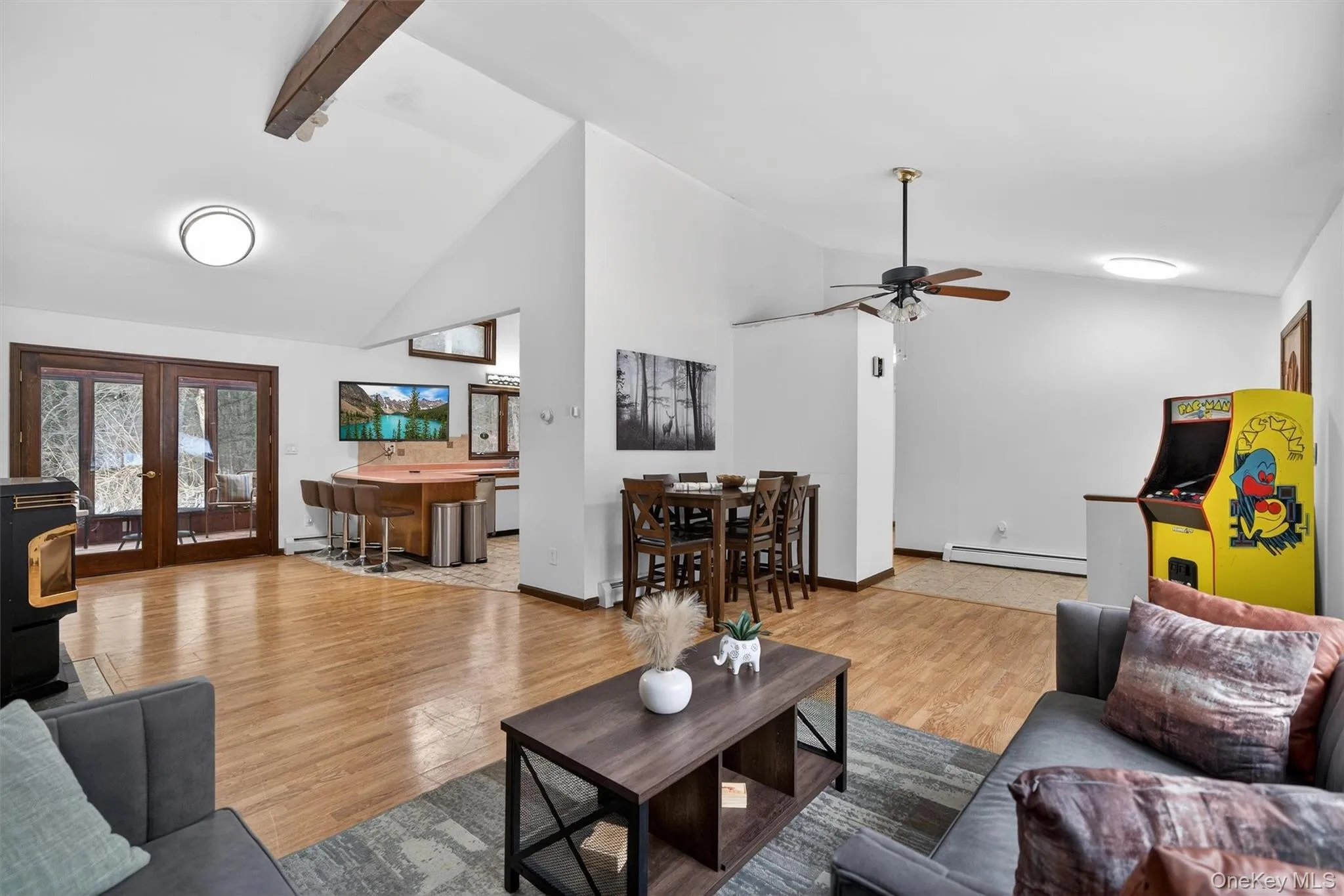 Living area featuring lofted ceiling, wood finished floors, ceiling fan, and a baseboard radiator Living area featuring lofted ceiling, wood finished floors, ceiling fan, and a baseboard radiator