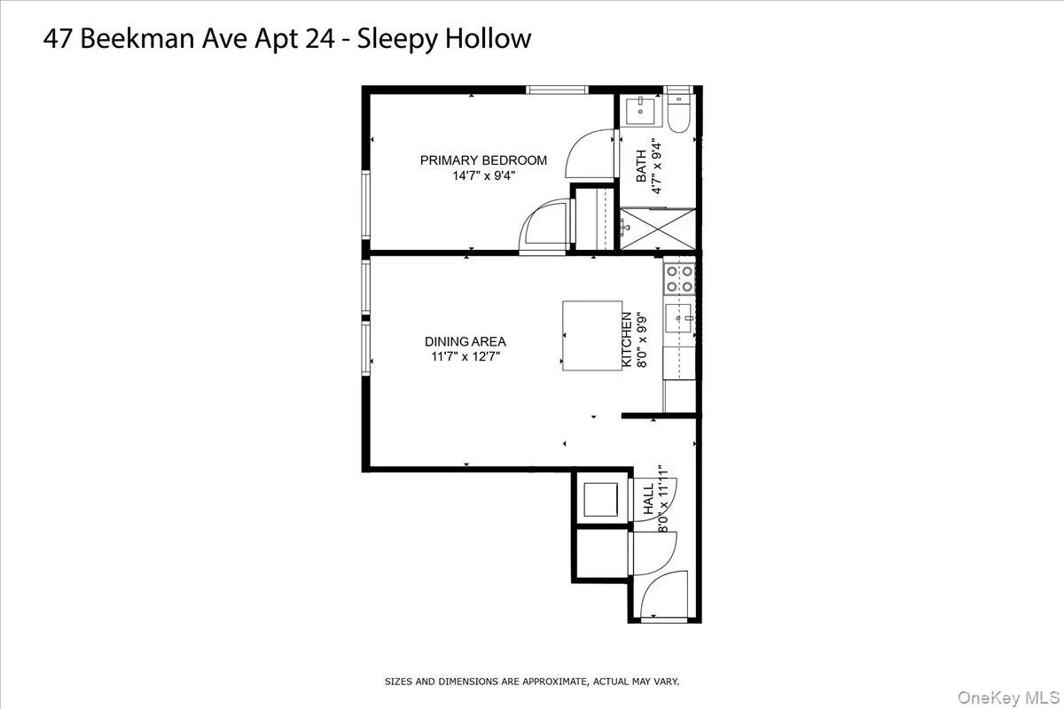 Floor Plan – Functional one-bedroom layout with open living/dining area and private bedroom. Floor Plan – Functional one-bedroom layout with open living/dining area and private bedroom.