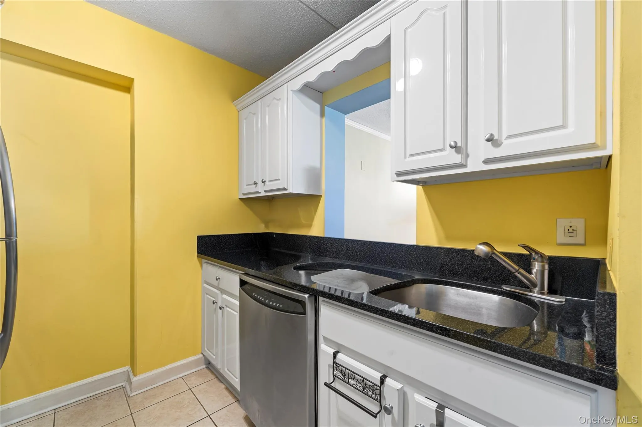 Kitchen featuring white cabinetry, dark countertops, a stainless steel dishwasher, and a stainless steel sink with a pull-out faucet Kitchen featuring white cabinetry, dark countertops, a stainless steel dishwasher, and a stainless steel sink with a pull-out faucet