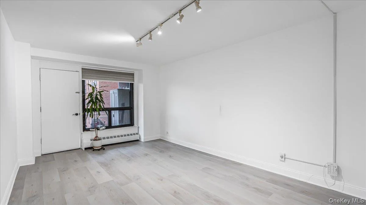 Spare room featuring light wood-type flooring, rail lighting, and a baseboard heating unit Spare room featuring light wood-type flooring, rail lighting, and a baseboard heating unit