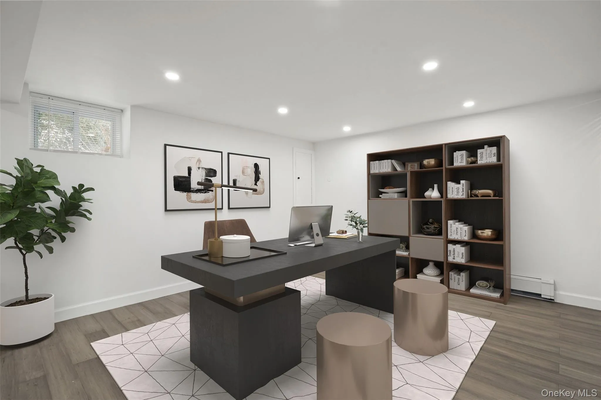 Office featuring light wood-type flooring, a baseboard radiator, and recessed lighting. *Virtually Staged* Office featuring light wood-type flooring, a baseboard radiator, and recessed lighting. *Virtually Staged*