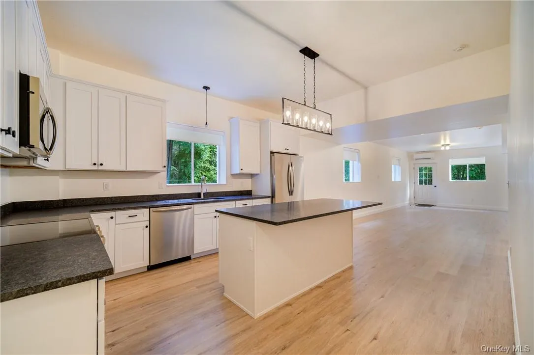Kitchen with decorative light fixtures, appliances with stainless steel finishes, light hardwood / wood-style floors, and white cabinets Kitchen with decorative light fixtures, appliances with stainless steel finishes, light hardwood / wood-style floors, and white cabinets