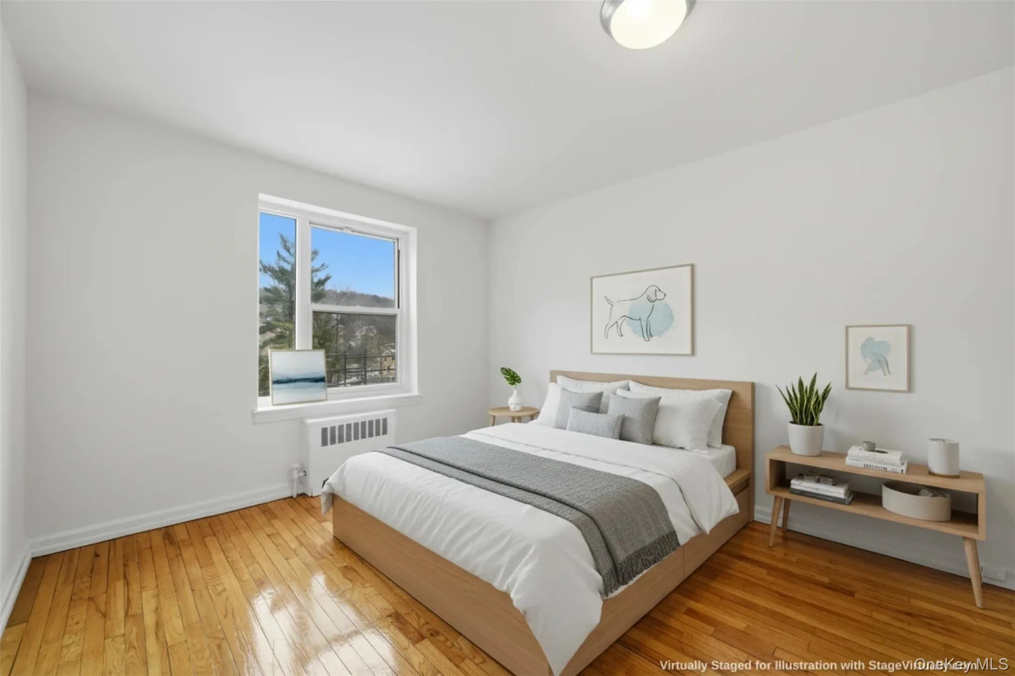 Virtually staged photo of the Bedroom featuring hardwood floors. Virtually staged photo of the Bedroom featuring hardwood floors.
