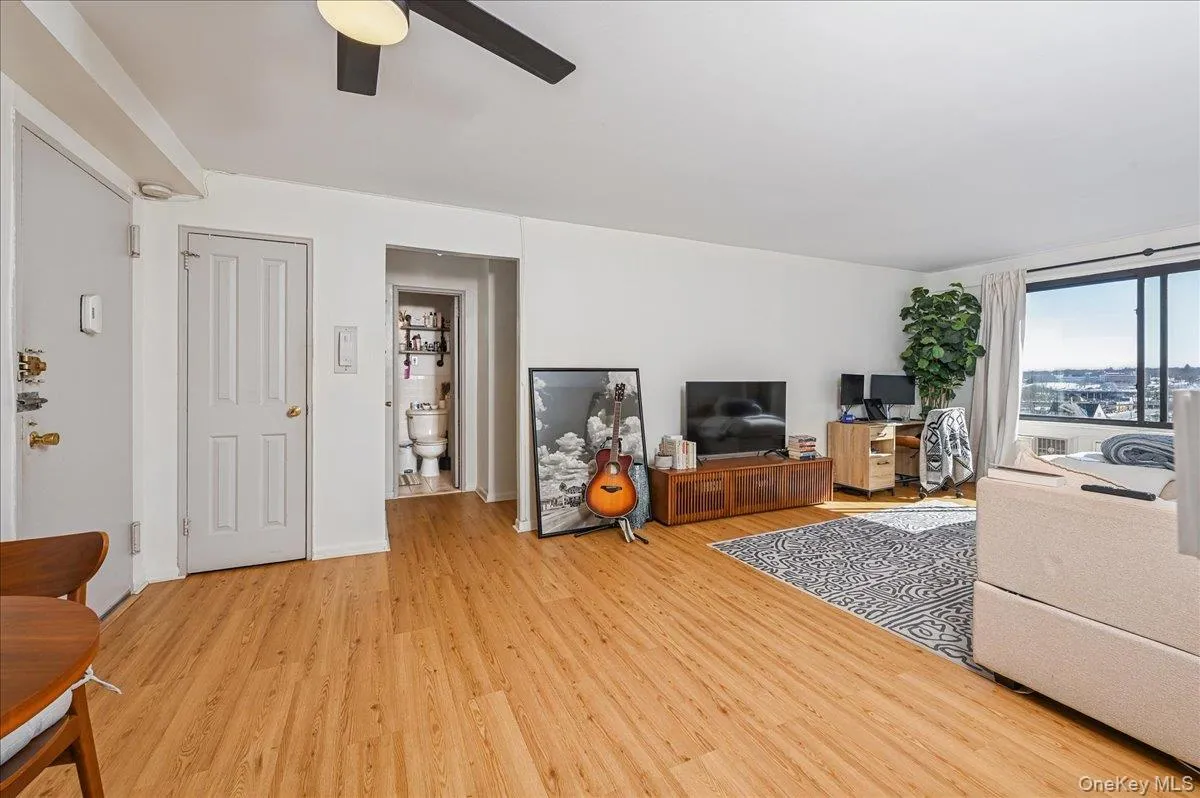 Living area featuring a ceiling fan and light wood-type flooring Living area featuring a ceiling fan and light wood-type flooring