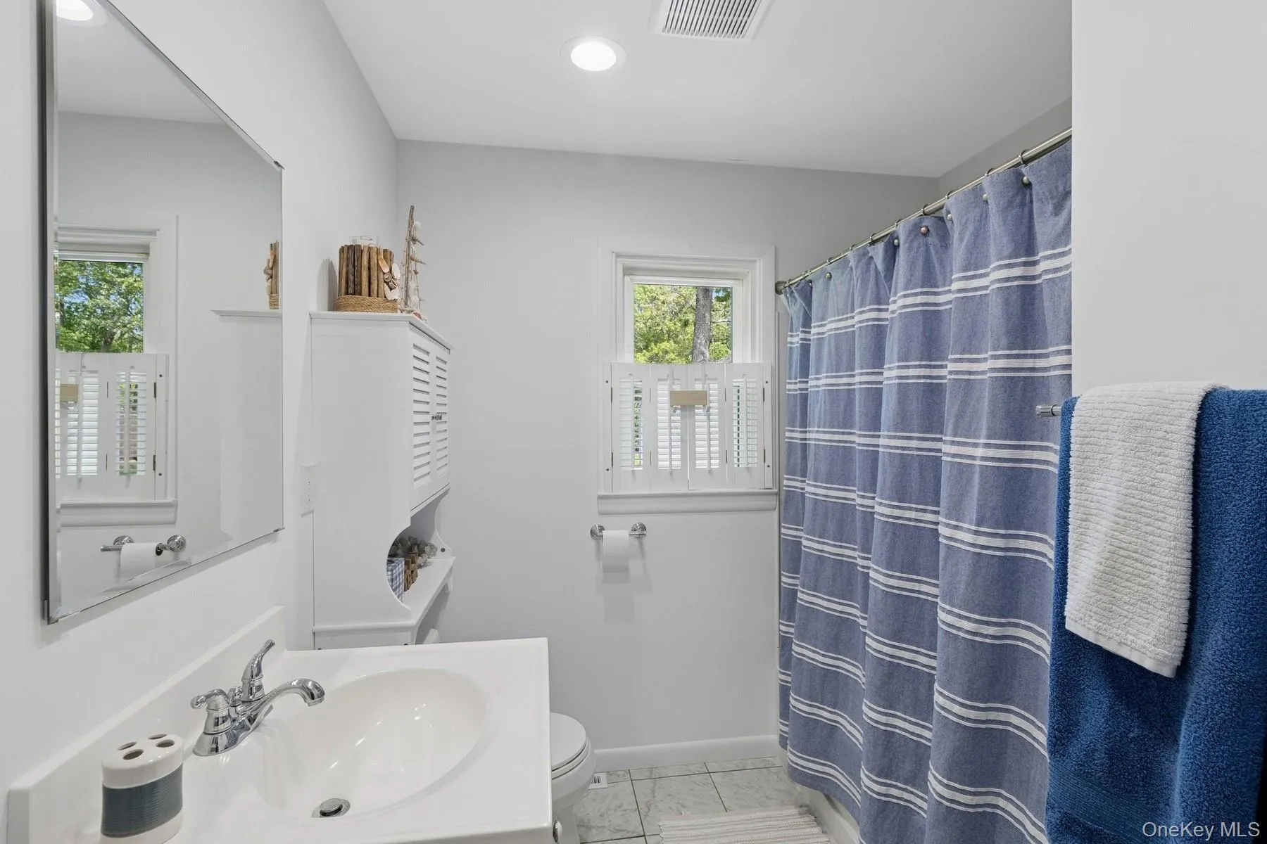 Bathroom featuring toilet, baseboards, recessed lighting, a shower with shower curtain, and vanity Bathroom featuring toilet, baseboards, recessed lighting, a shower with shower curtain, and vanity