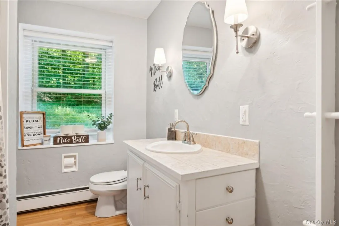 Bathroom with a baseboard radiator, hardwood / wood-style flooring, toilet, and vanity with extensive cabinet space Bathroom with a baseboard radiator, hardwood / wood-style flooring, toilet, and vanity with extensive cabinet space