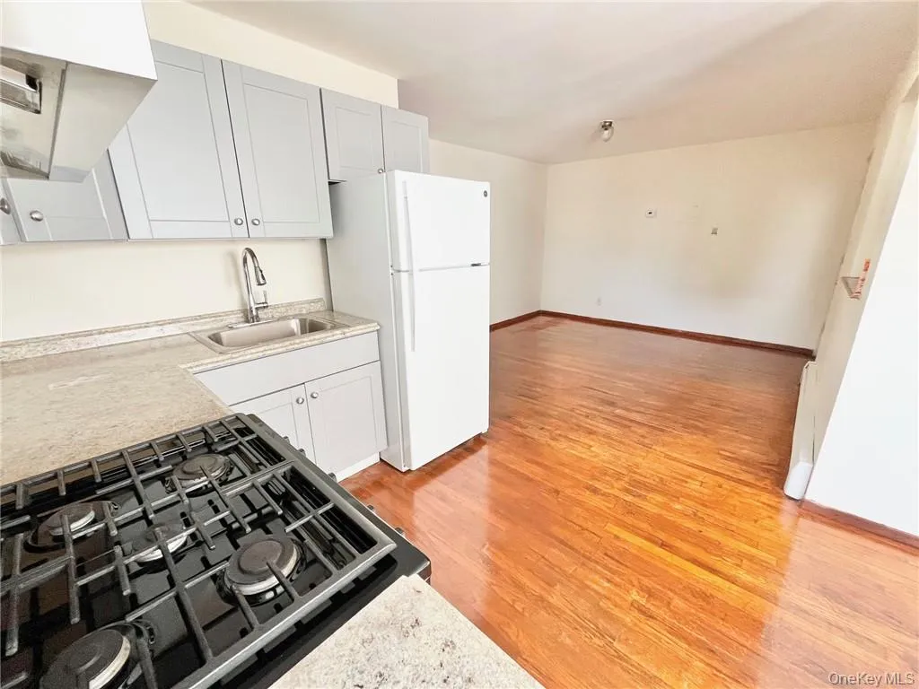 Kitchen featuring sink, light hardwood / wood-style flooring, white fridge, and range hood Kitchen featuring sink, light hardwood / wood-style flooring, white fridge, and range hood