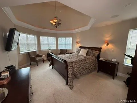 Bedroom with ornamental molding, light carpet, a raised ceiling, and suspended lighting Bedroom with ornamental molding, light carpet, a raised ceiling, and suspended lighting