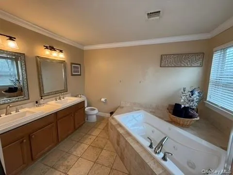 Bathroom featuring healthy amount of natural light, double vanity, a garden tub, crown molding, and light tile patterned floors Bathroom featuring healthy amount of natural light, double vanity, a garden tub, crown molding, and light tile patterned floors