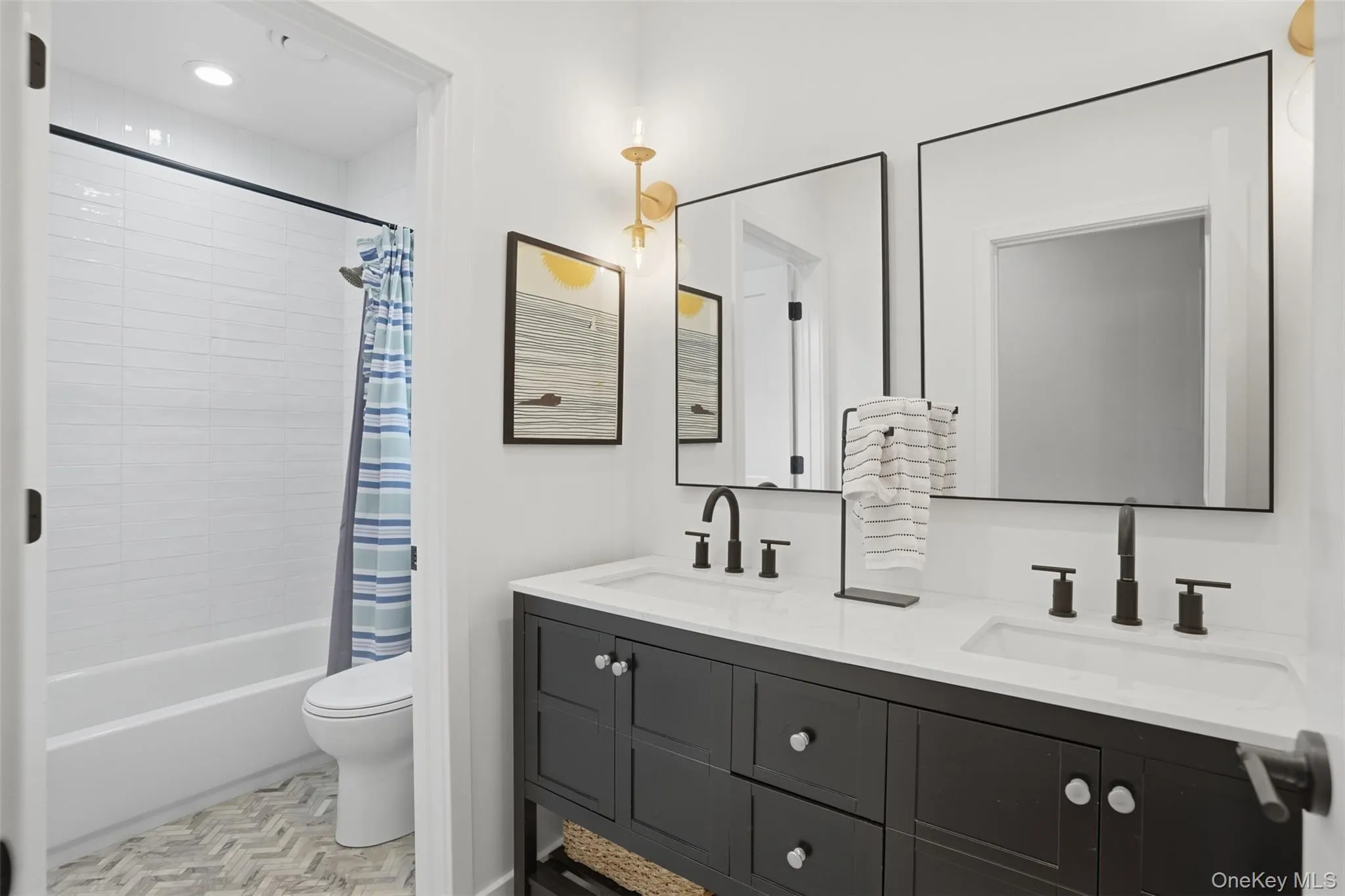 Full bathroom with double vanity in shared hallway Full bathroom with double vanity in shared hallway