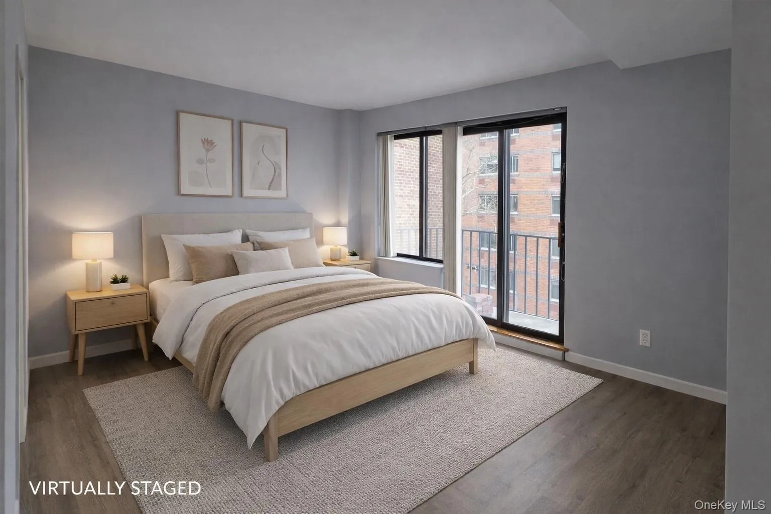 Primary bedroom, door leads to private balcony. Virtully staged. Primary bedroom, door leads to private balcony. Virtully staged.