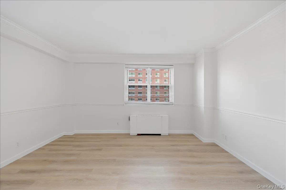 Unfurnished room featuring light wood-type flooring, radiator, and crown molding Unfurnished room featuring light wood-type flooring, radiator, and crown molding