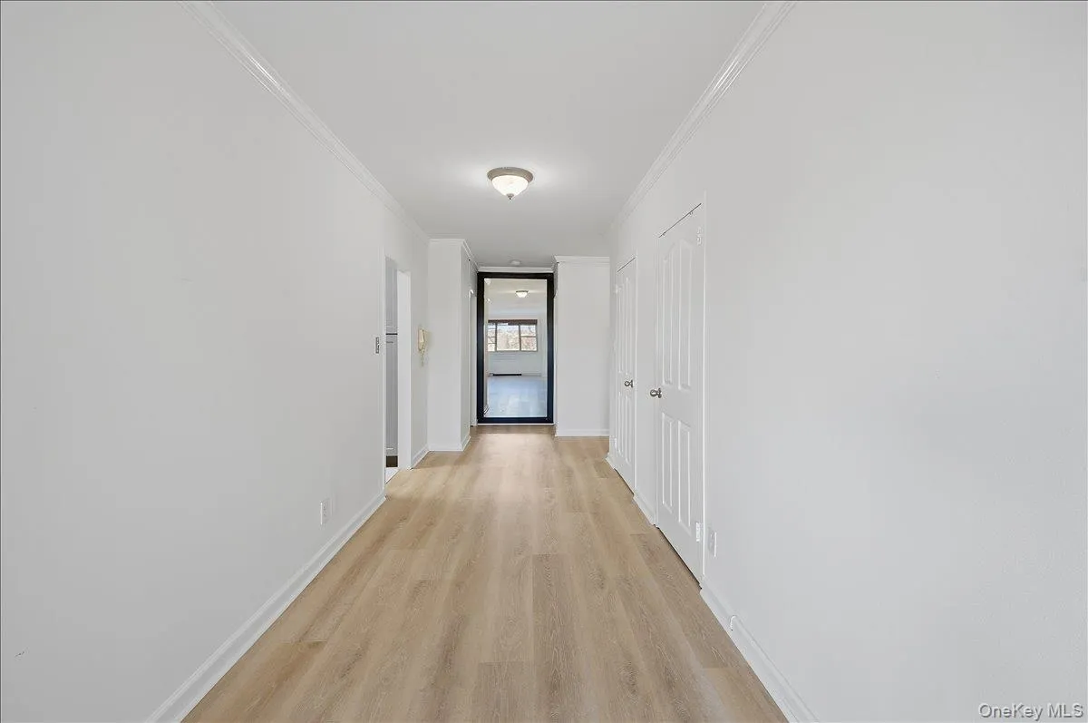 Hall featuring ornamental molding and light wood-style flooring heading back toward the entry door area. Hall featuring ornamental molding and light wood-style flooring heading back toward the entry door area.