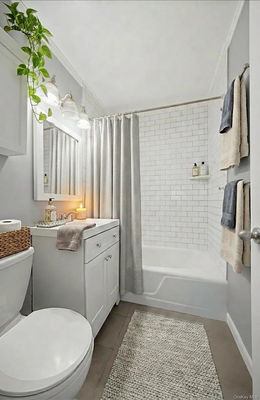 Staged full bathroom featuring vanity, shower / bathtub combination with curtain, crown molding, and light tile patterned floors Staged full bathroom featuring vanity, shower / bathtub combination with curtain, crown molding, and light tile patterned floors
