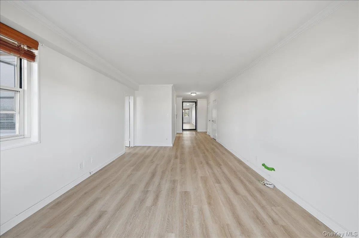 Unfurnished room featuring ornamental molding and light wood finished floors Unfurnished room featuring ornamental molding and light wood finished floors