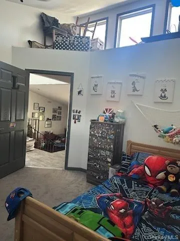 Bedroom with light colored carpet and a high ceiling Bedroom with light colored carpet and a high ceiling