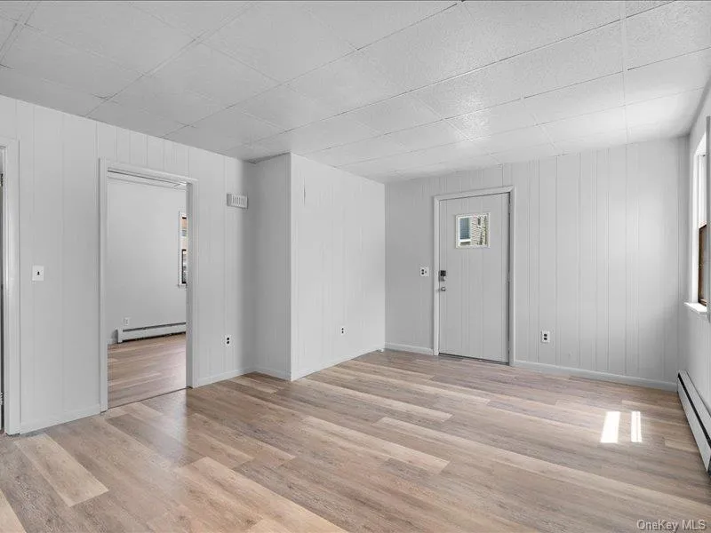 Unfurnished room with a baseboard radiator, light wood-style flooring, baseboards, a paneled ceiling, and a baseboard heating unit Unfurnished room with a baseboard radiator, light wood-style flooring, baseboards, a paneled ceiling, and a baseboard heating unit