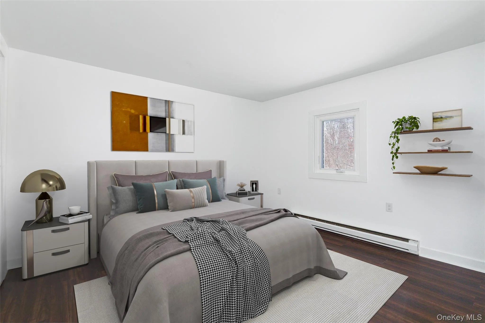 Virtually staged Bedroom with baseboard heating , and dark wood finished floors Virtually staged Bedroom with baseboard heating , and dark wood finished floors