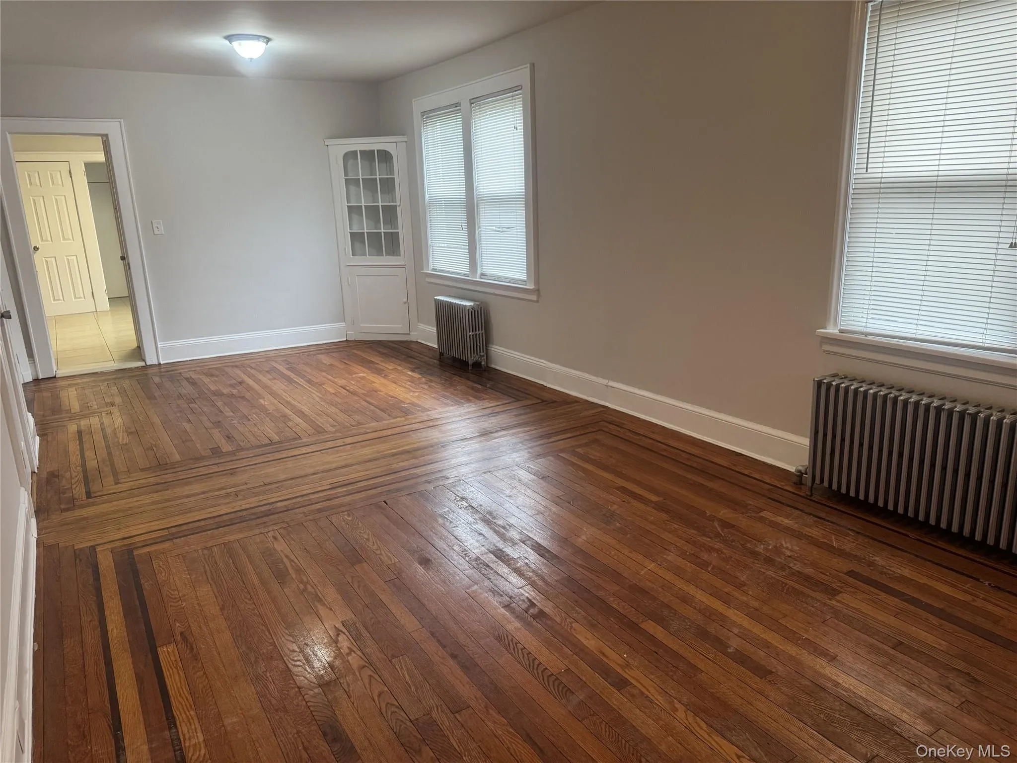 Unfurnished room featuring dark hardwood / wood-style flooring and radiator Unfurnished room featuring dark hardwood / wood-style flooring and radiator