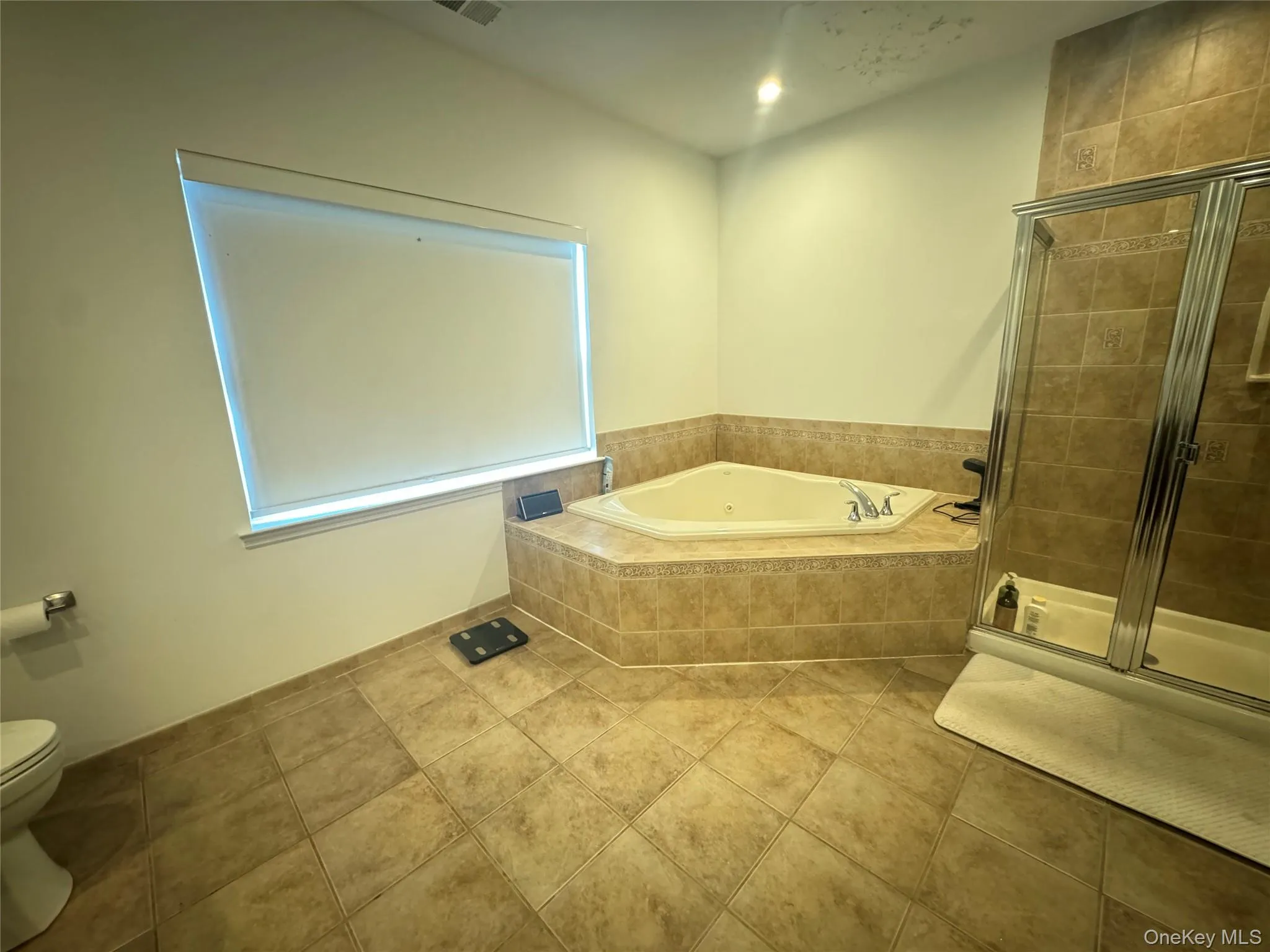 Bathroom featuring a stall shower, a bath, and tile patterned flooring Bathroom featuring a stall shower, a bath, and tile patterned flooring