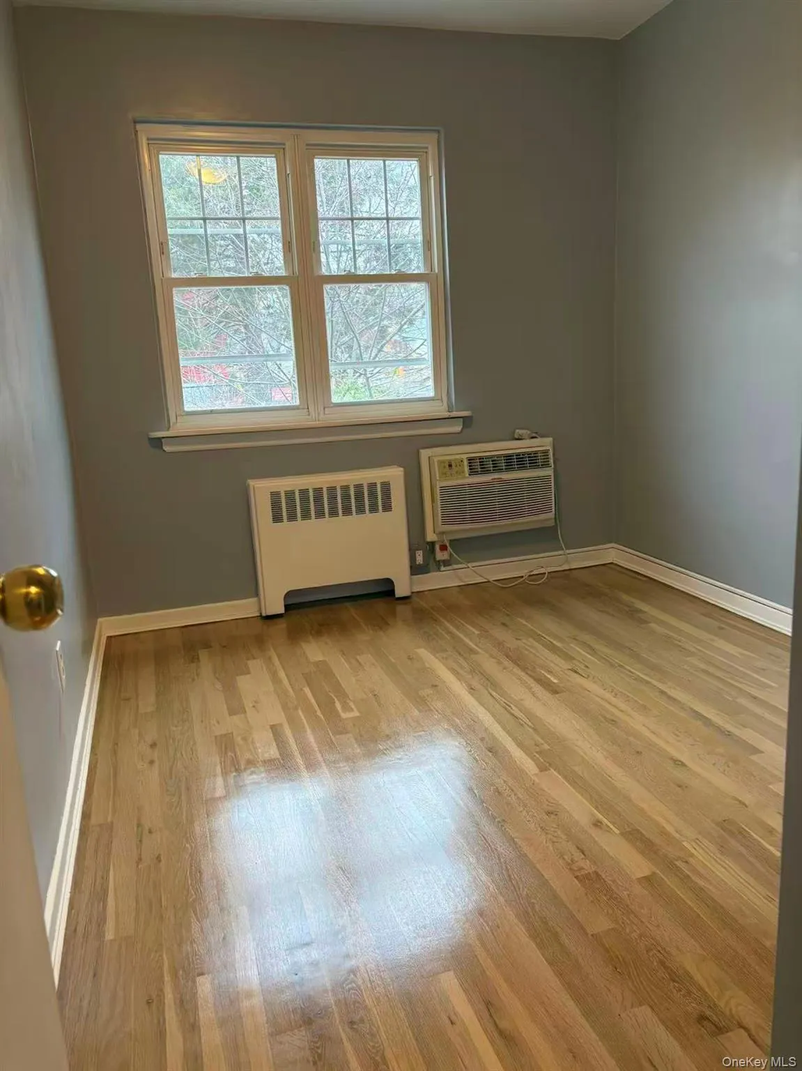 Empty room with light wood-style flooring, radiator, and a wall mounted AC Empty room with light wood-style flooring, radiator, and a wall mounted AC