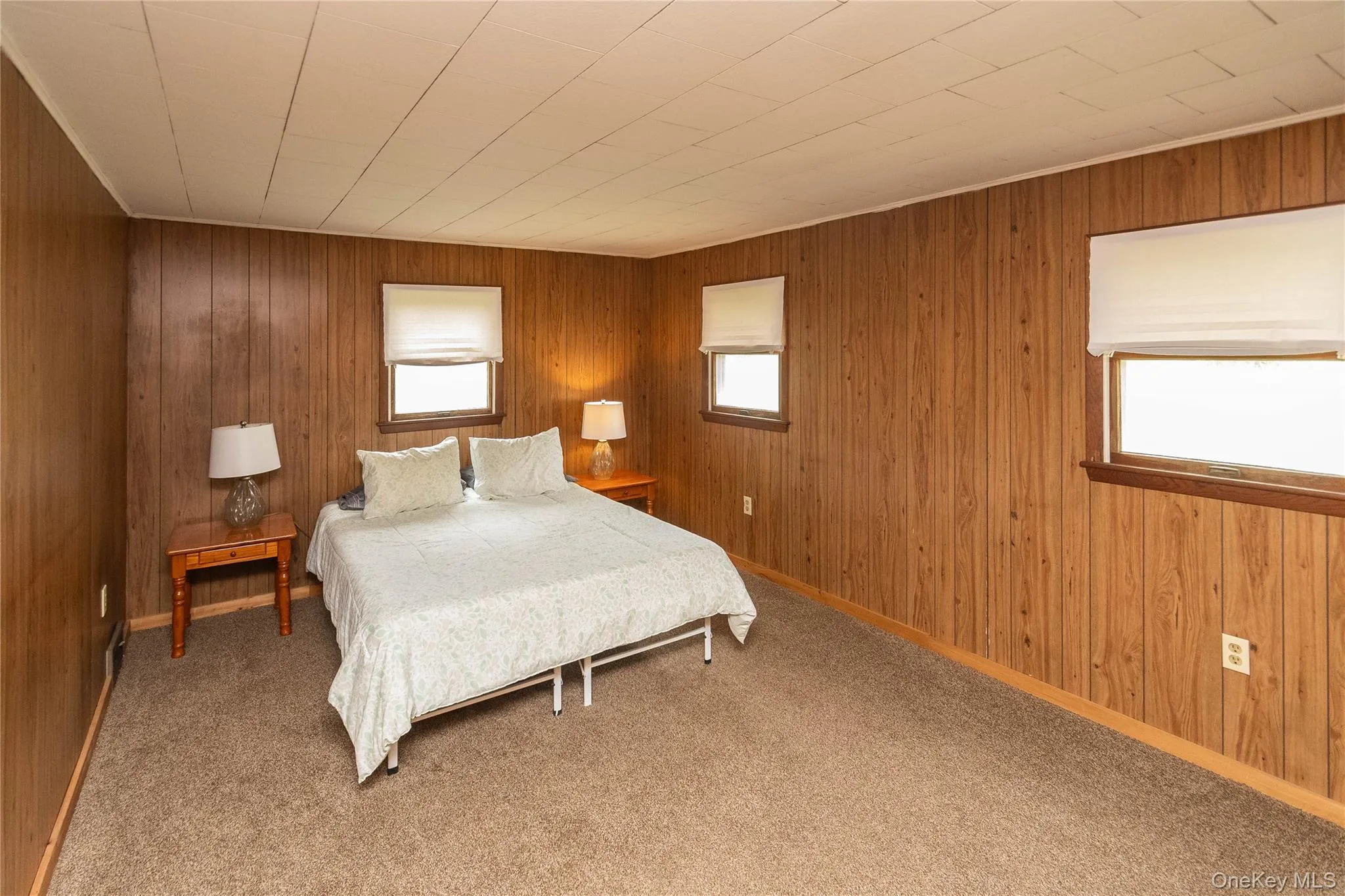 Room featuring wood-paneled walls, a textured ceiling, and neutral carpet flooring Room featuring wood-paneled walls, a textured ceiling, and neutral carpet flooring