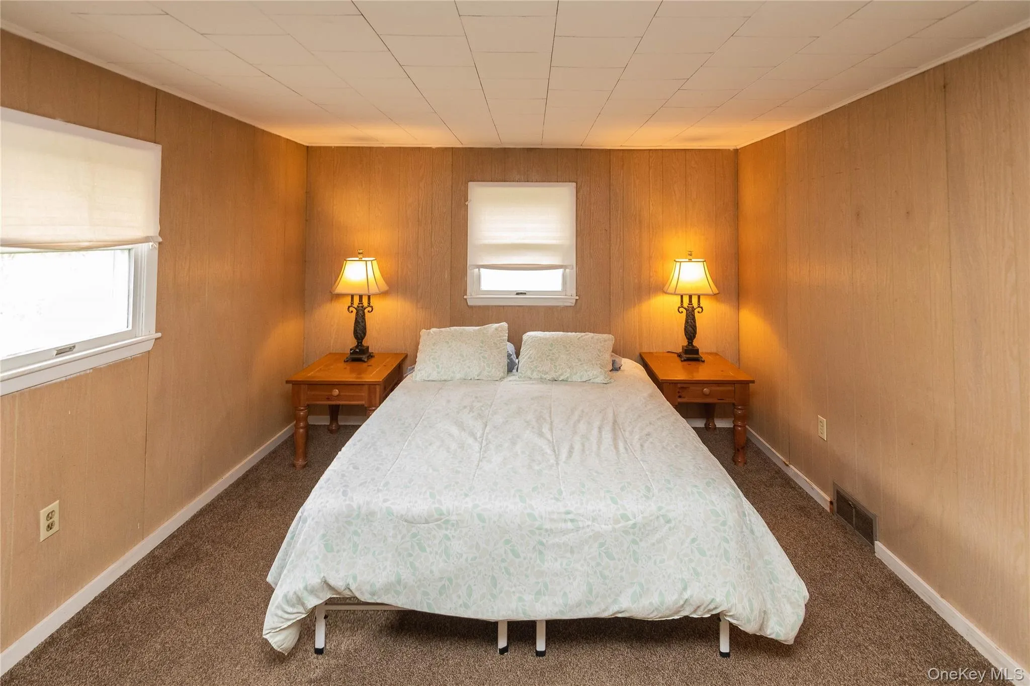 Room featuring wood-paneled walls, a drop ceiling, and neutral-toned carpeting Room featuring wood-paneled walls, a drop ceiling, and neutral-toned carpeting