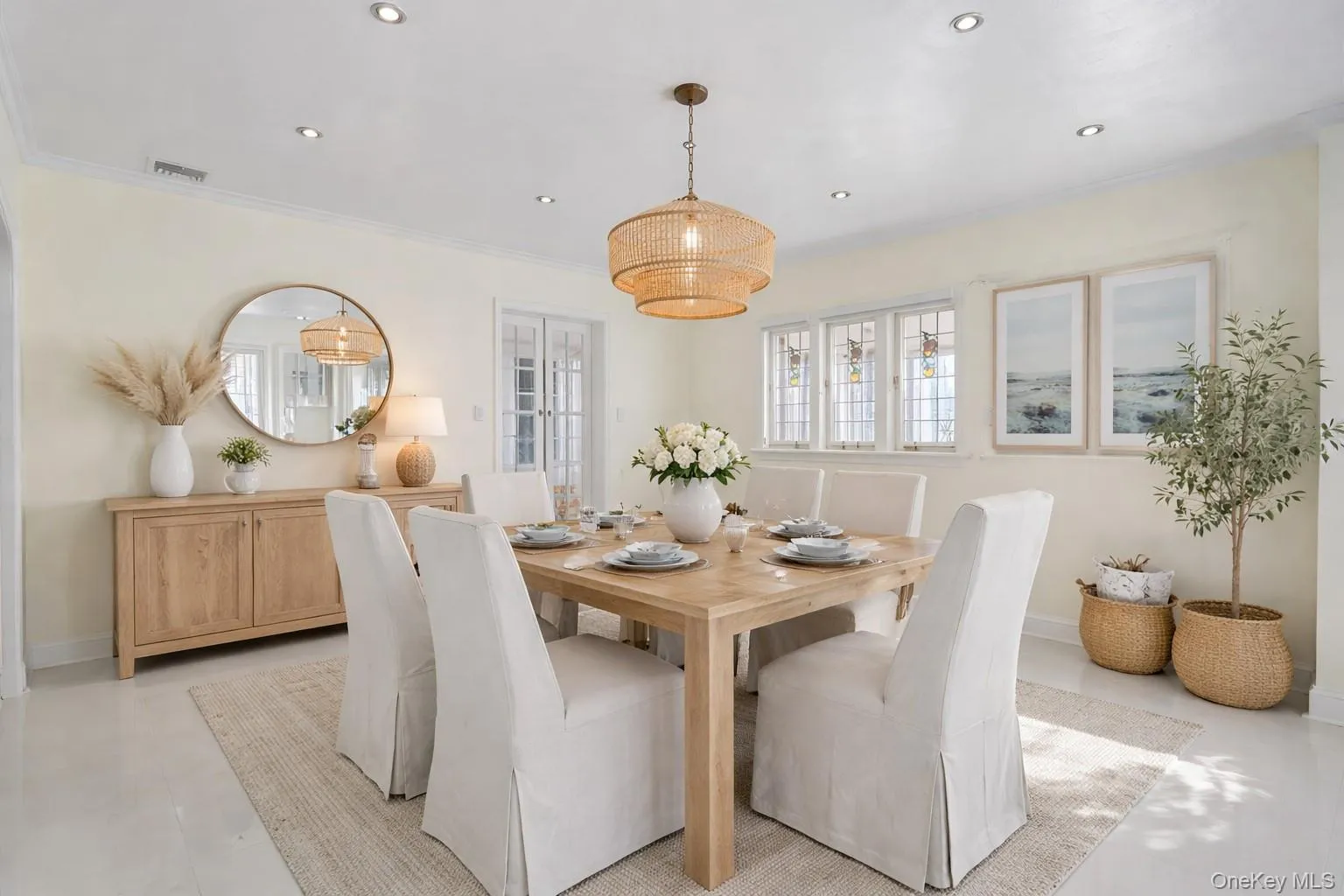 Staged Dining Room with stained glass windows and porcelain tile floors. Staged Dining Room with stained glass windows and porcelain tile floors.