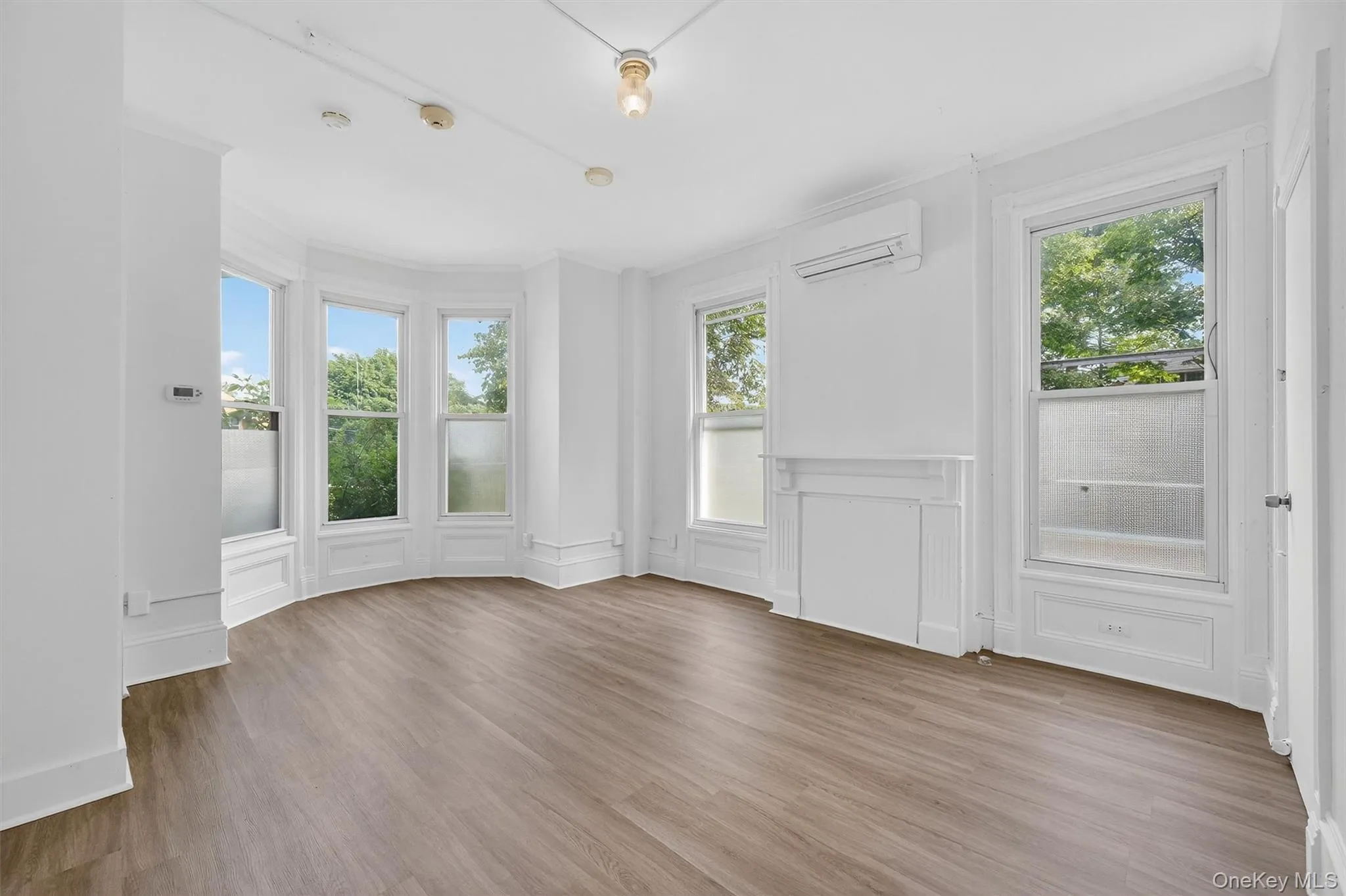 Spare room featuring wood finished floors, ornamental molding, a decorative wall, plenty of natural light, and a wall mounted AC Spare room featuring wood finished floors, ornamental molding, a decorative wall, plenty of natural light, and a wall mounted AC