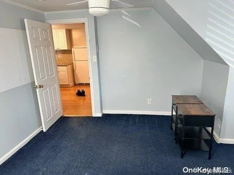 Bonus room featuring dark colored carpet and baseboards Bonus room featuring dark colored carpet and baseboards