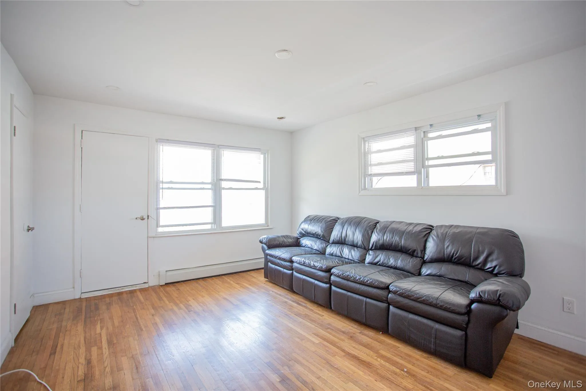 Living room with light wood-style floors and baseboard heating Living room with light wood-style floors and baseboard heating