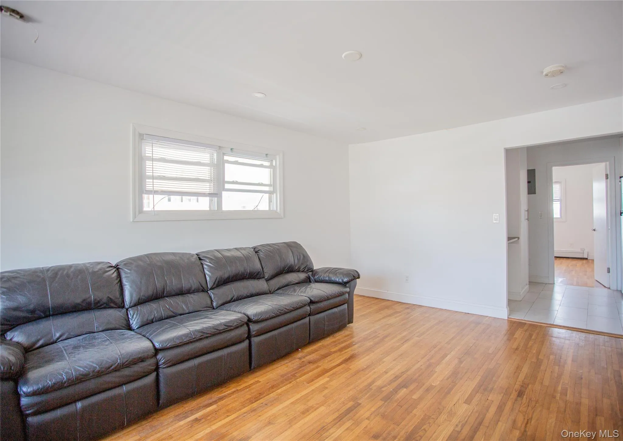Living room with plenty of natural light, light wood finished floors, a baseboard radiator, and recessed lighting Living room with plenty of natural light, light wood finished floors, a baseboard radiator, and recessed lighting