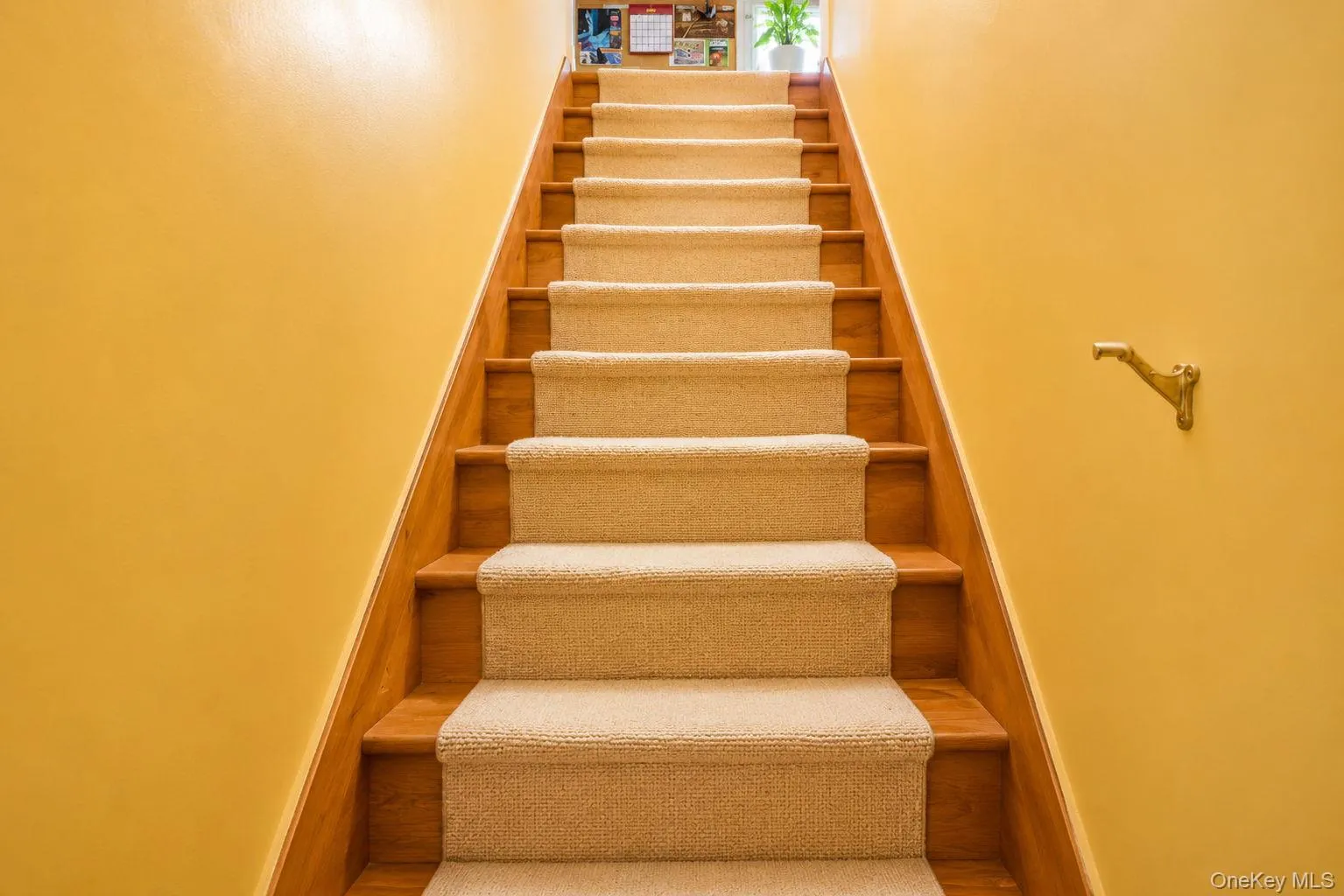 Wood-finish staircase with carpeted treads Wood-finish staircase with carpeted treads