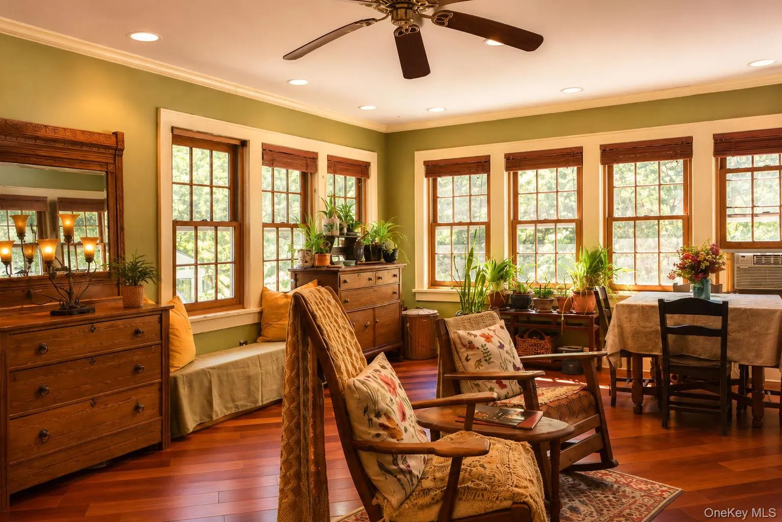 Dinning room featuring Brazilian cherry wood flooring, recessed lighting, and a ceiling fan Dinning room featuring Brazilian cherry wood flooring, recessed lighting, and a ceiling fan