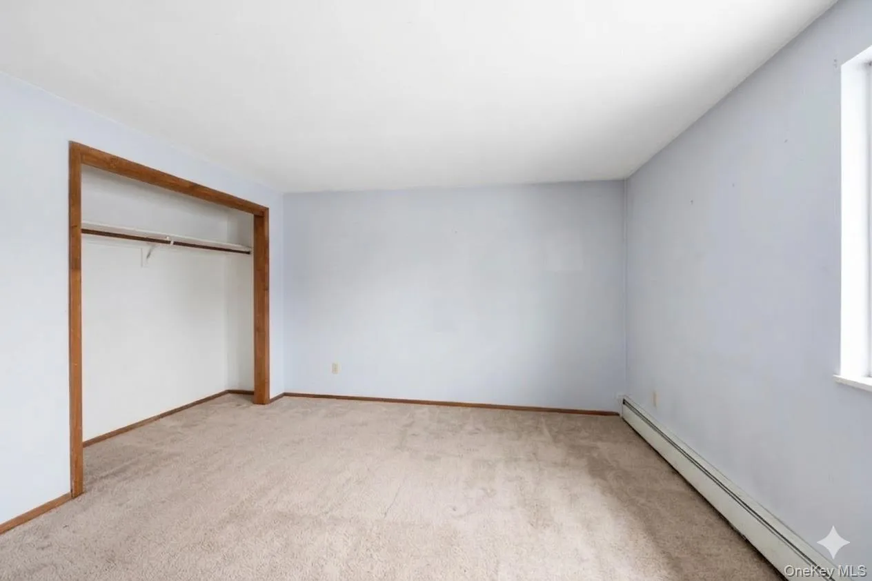Unfurnished bedroom featuring a baseboard radiator, light carpet, and a closet Unfurnished bedroom featuring a baseboard radiator, light carpet, and a closet