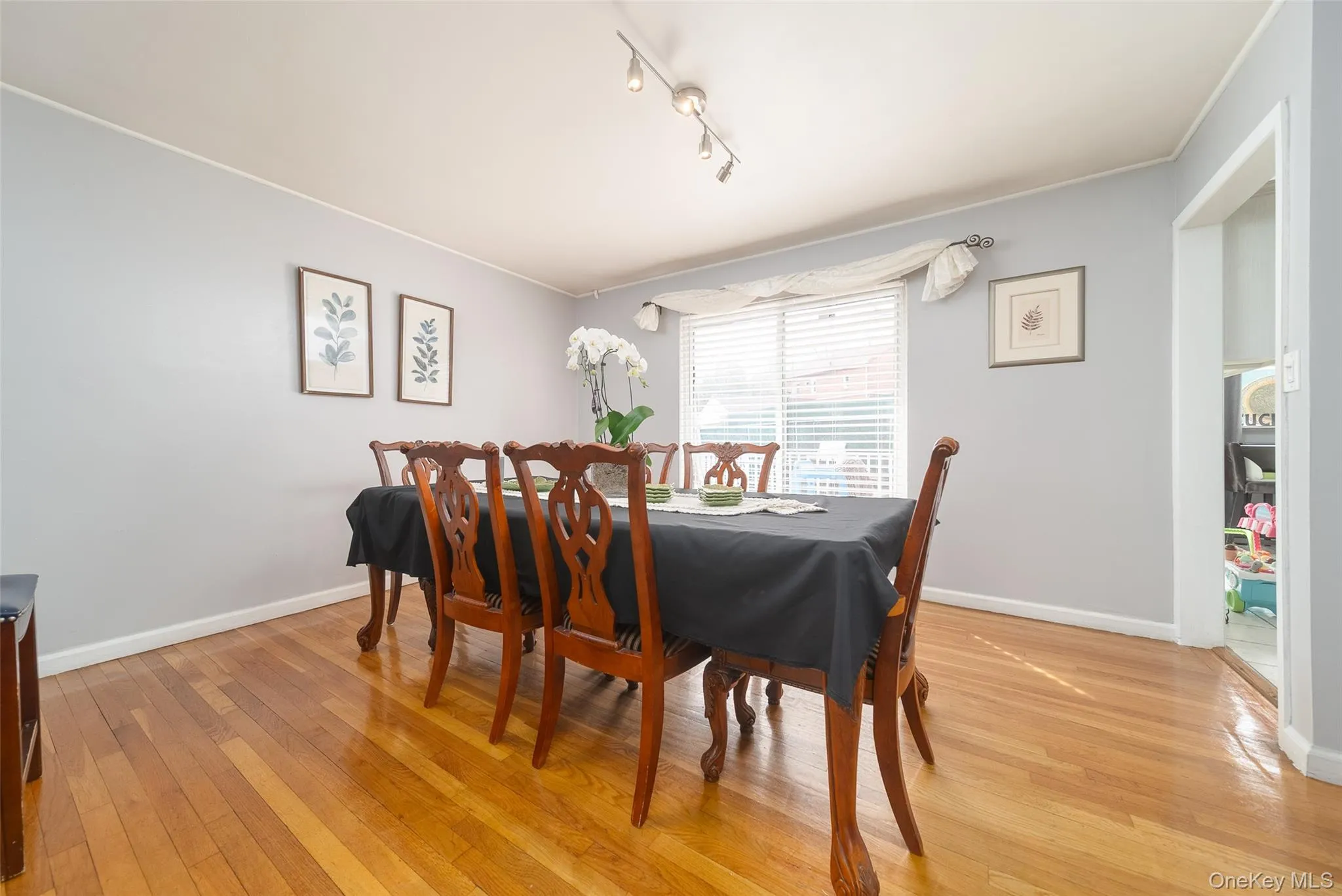 Dining area featuring light wood-style flooring, rail lighting, and ornamental molding Dining area featuring light wood-style flooring, rail lighting, and ornamental molding