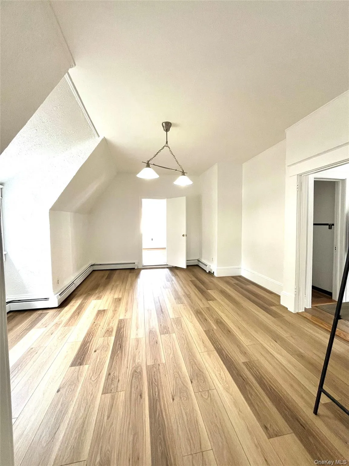 Living room featuring light wood-style flooring, vaulted ceiling, and a baseboard heating unit Living room featuring light wood-style flooring, vaulted ceiling, and a baseboard heating unit