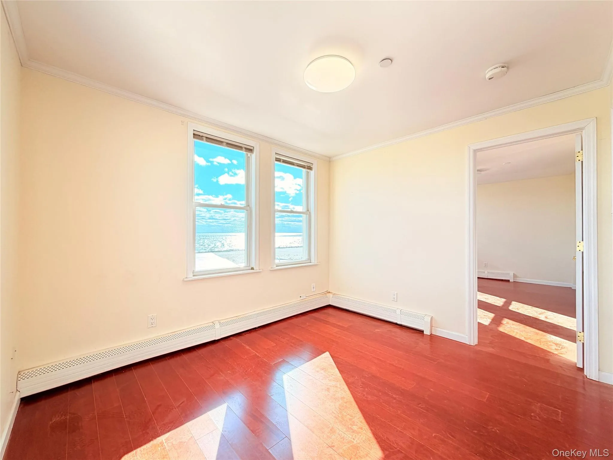 Spare room with crown molding, hardwood / wood-style floors, baseboard heating, and a baseboard heating unit Spare room with crown molding, hardwood / wood-style floors, baseboard heating, and a baseboard heating unit