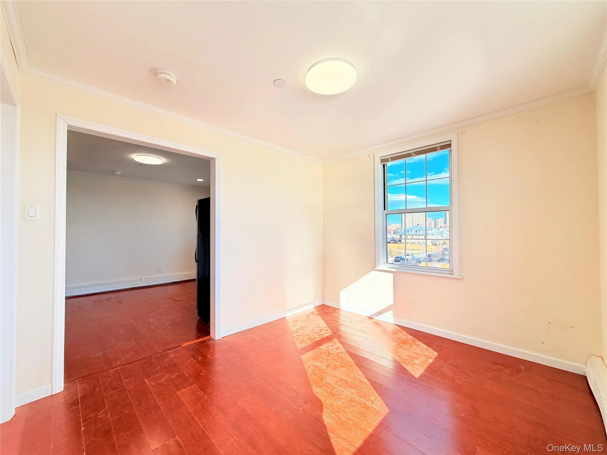 Spare room with crown molding, hardwood / wood-style floors, and a baseboard heating unit Spare room with crown molding, hardwood / wood-style floors, and a baseboard heating unit