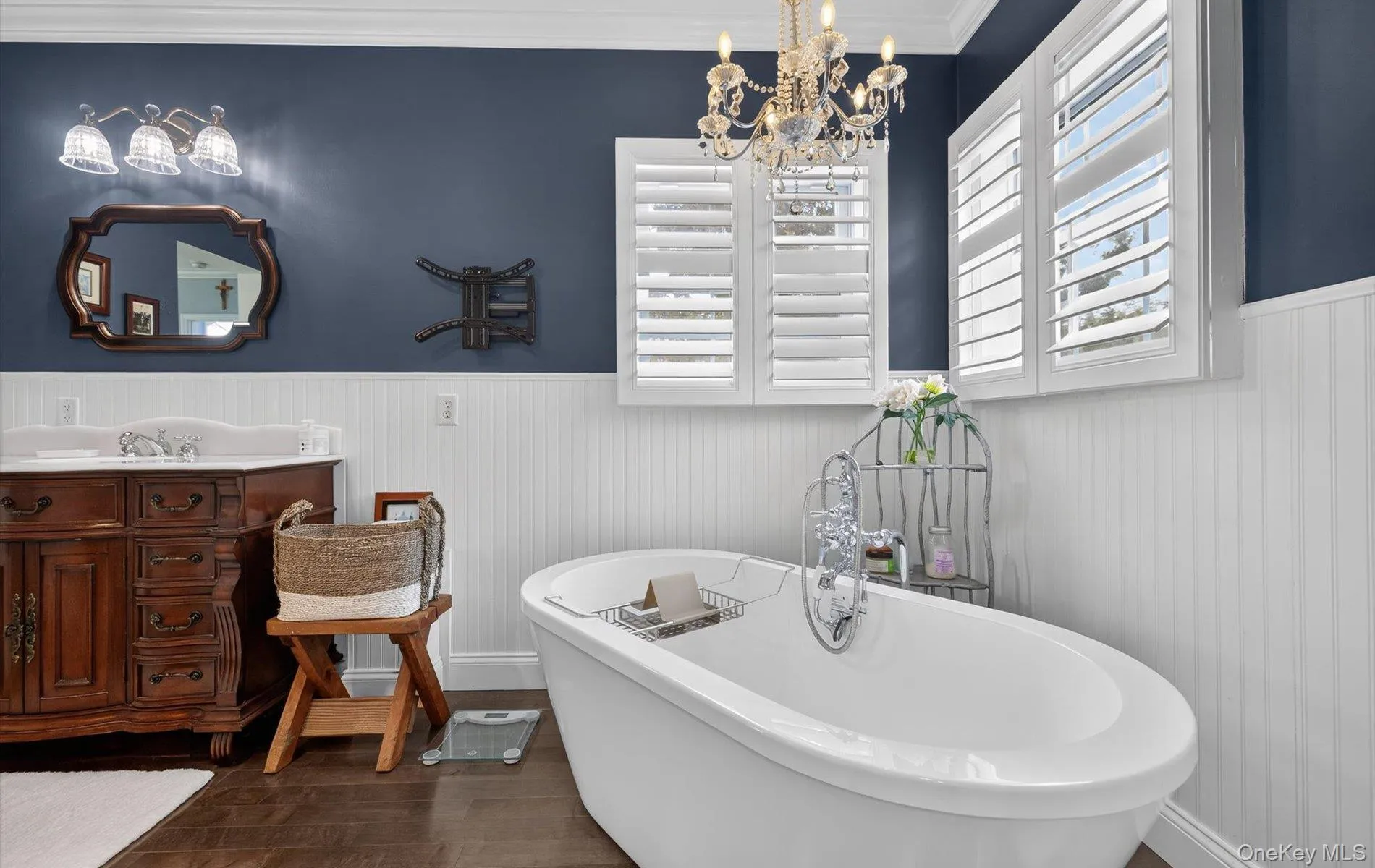 Bathroom featuring vanity, crown molding, a wainscoted wall, dark wood finished floors, and a soaking tub Bathroom featuring vanity, crown molding, a wainscoted wall, dark wood finished floors, and a soaking tub