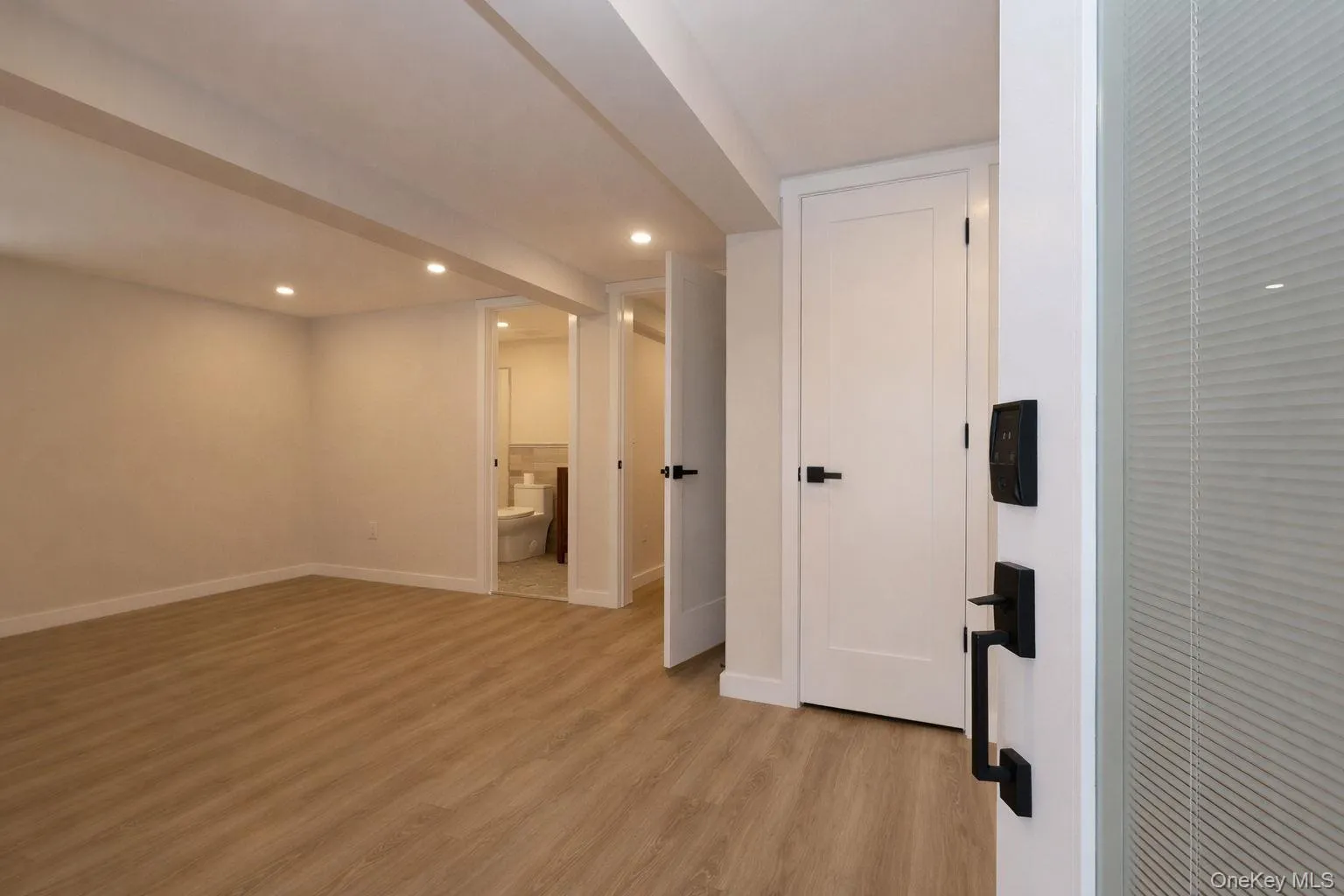 Large finished basement room with bathroom and door leading to outside. Large finished basement room with bathroom and door leading to outside.