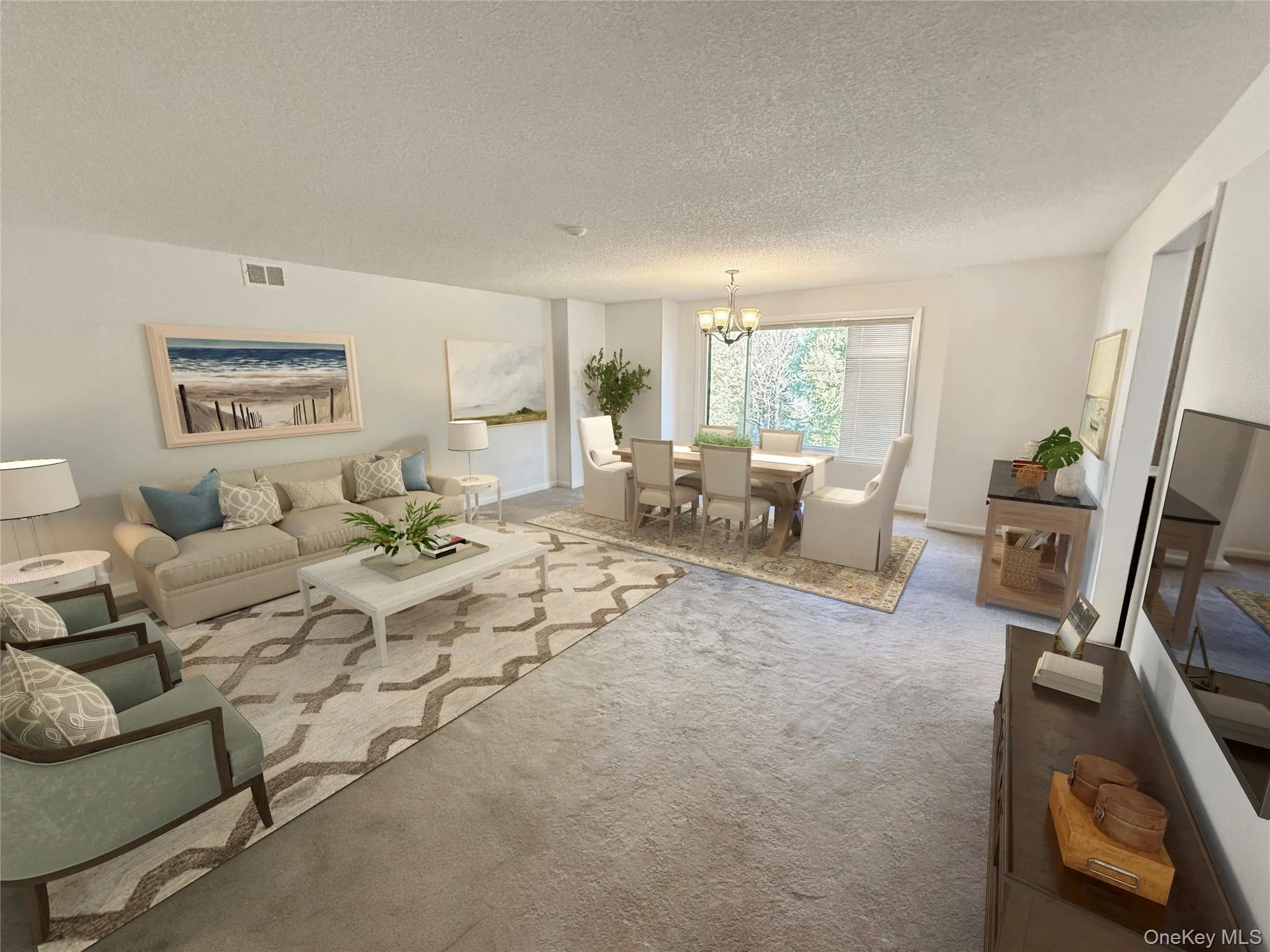 Living and dining area has been virtually staged. Living and dining area has been virtually staged.