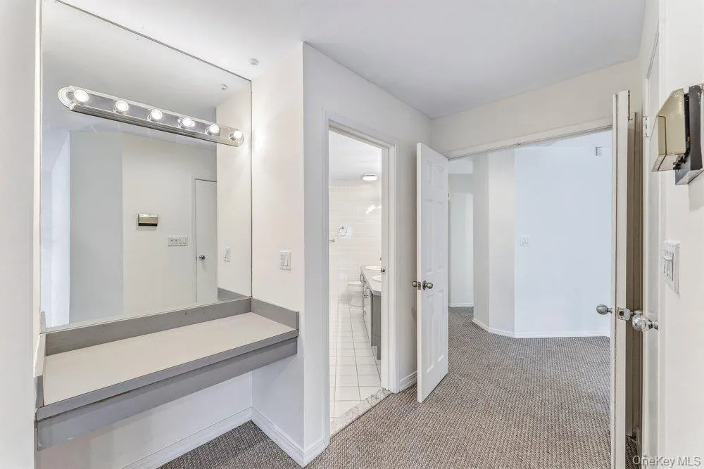 Bathroom with light carpet and baseboards Bathroom with light carpet and baseboards