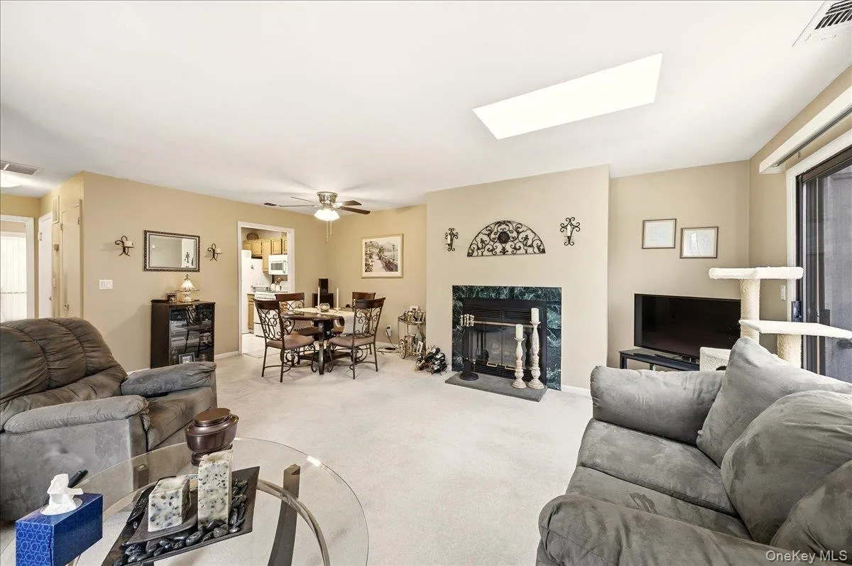 Carpeted living area with a ceiling fan, a premium fireplace, and a skylight Carpeted living area with a ceiling fan, a premium fireplace, and a skylight
