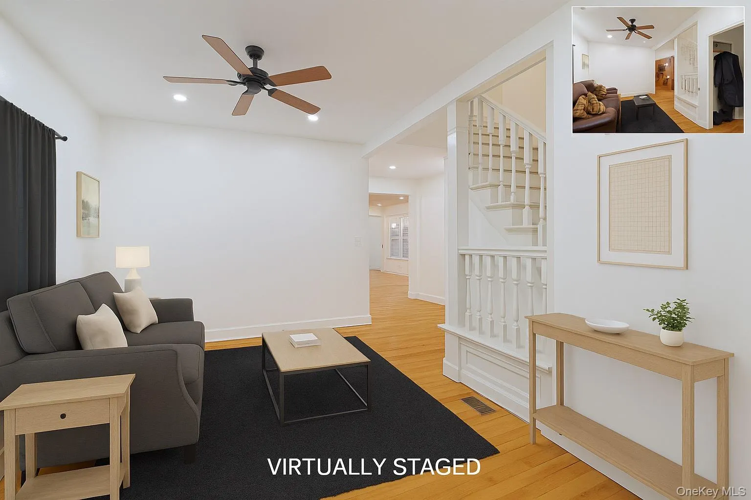 Living area featuring ceiling fan, light wood-style flooring, stairway, and recessed lighting Living area featuring ceiling fan, light wood-style flooring, stairway, and recessed lighting