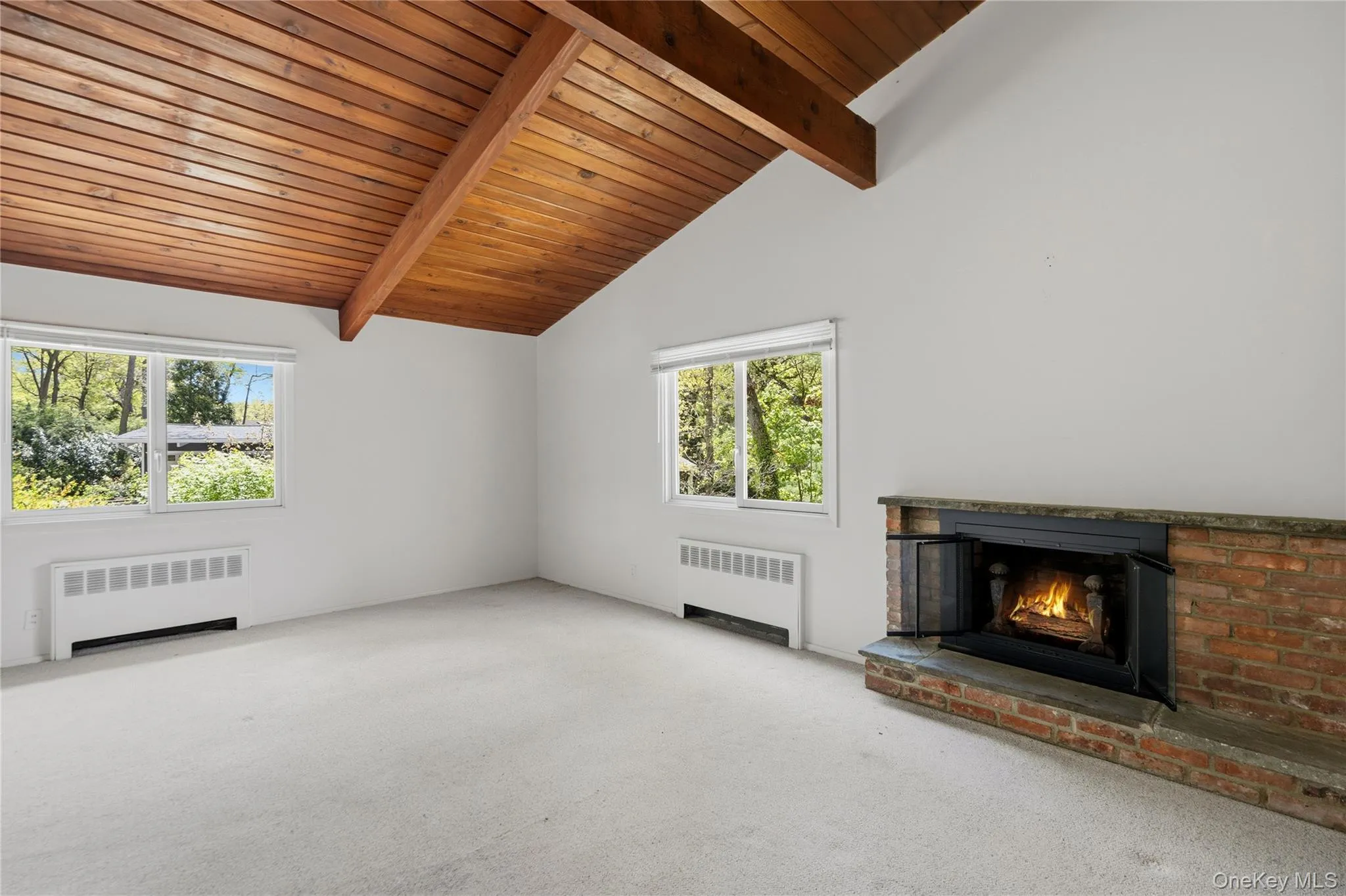 Vaulted wood-plank ceiling with exposed beams Vaulted wood-plank ceiling with exposed beams