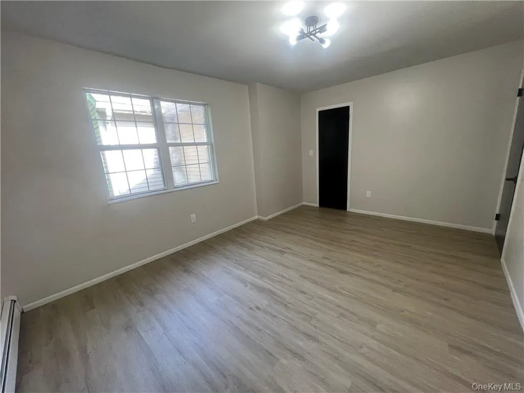 Spare room featuring a baseboard heating unit, light hardwood / wood-style flooring, and a notable chandelier Spare room featuring a baseboard heating unit, light hardwood / wood-style flooring, and a notable chandelier