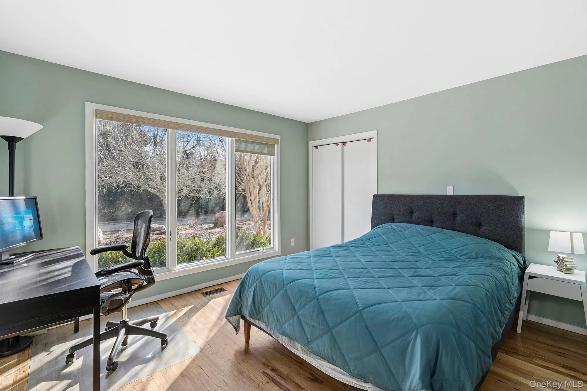 Convenient first-floor bedroom featuring generous closet space, abundant natural light, and oversized modern windows. Convenient first-floor bedroom featuring generous closet space, abundant natural light, and oversized modern windows.