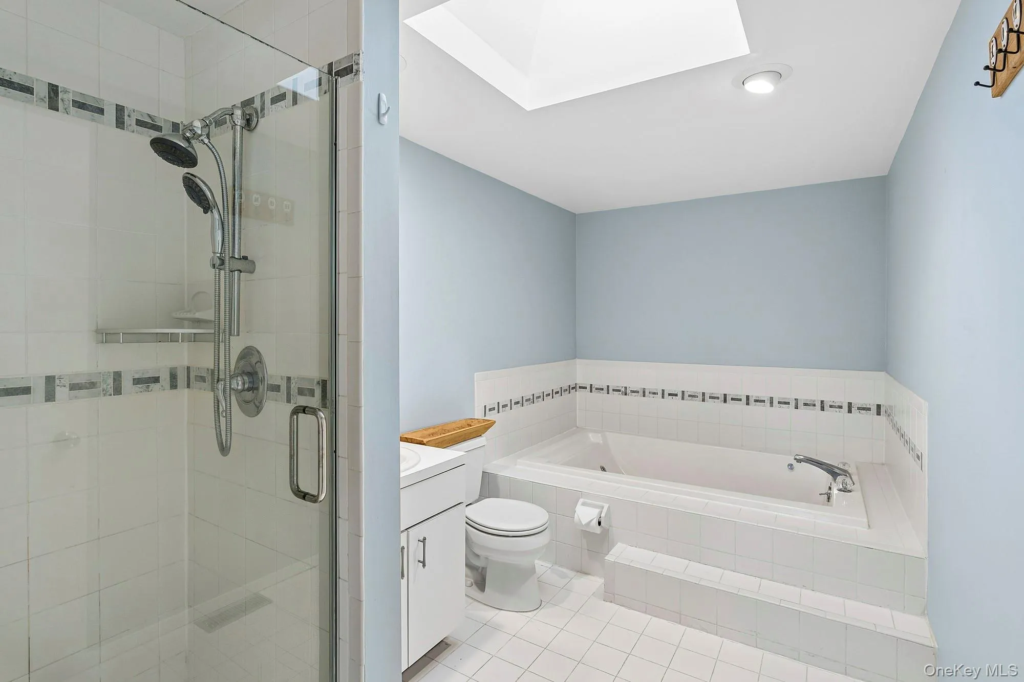 Primary bathroom featuring a soaking tub with jets, skylight, separate shower, and decorative tile work Primary bathroom featuring a soaking tub with jets, skylight, separate shower, and decorative tile work